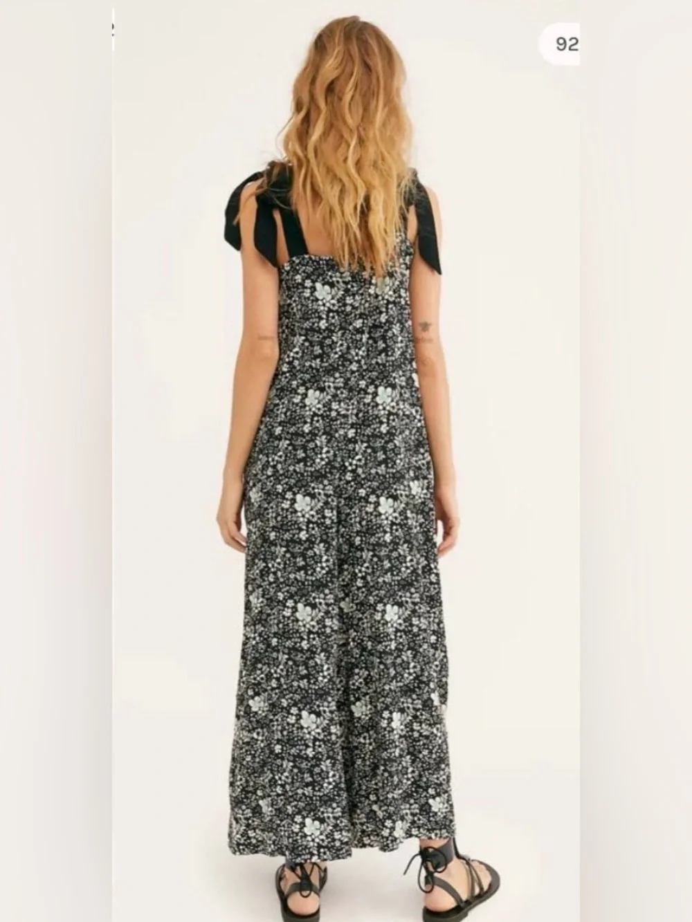 Free People Small Black Floral Cecilia Shoulder Tie Wide Leg Jumpsuit Bohemian